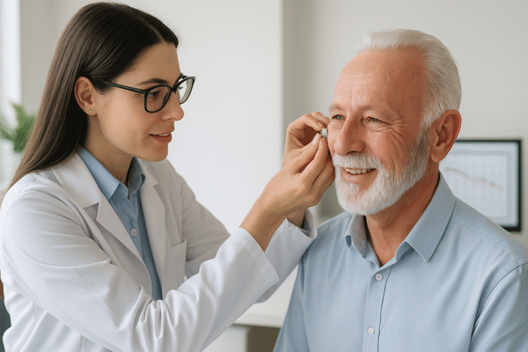A professional audiologist adjusting a hearing aid for a smiling older man during a fitting session in a modern clinic.