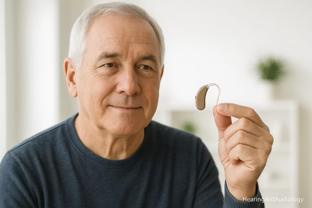 Elderly man smiling while holding a modern behind-the-ear hearing aid in his hand.
