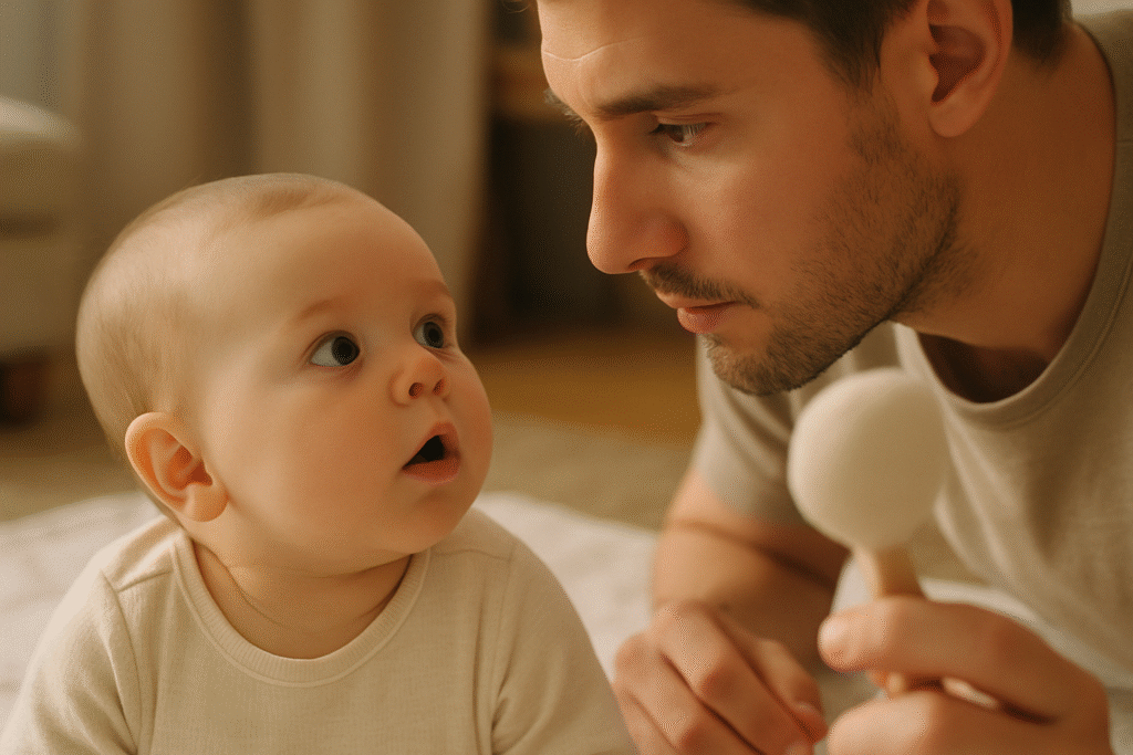 A parent holding a soft toy and watching a baby’s facial reaction during a gentle hearing check at home in warm lighting.