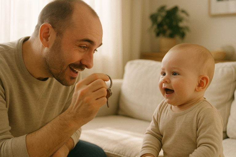 A parent holding a soft toy and watching a baby’s facial reaction during a gentle hearing check at home in warm lighting.